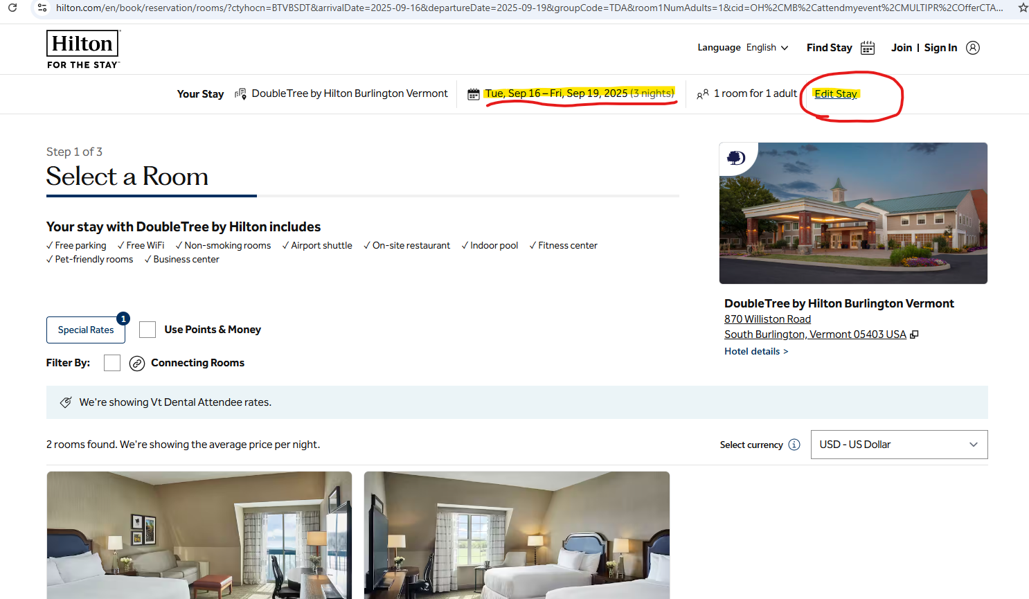 screenshot of hotel booking hints